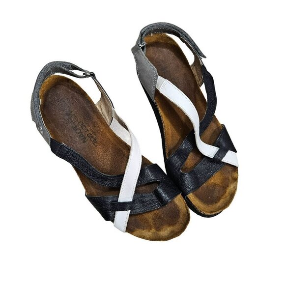 Naot Women's Leather Sandals Black & White Adjustable Straps Cork Footbed Size 4 - Picture 2 of 15